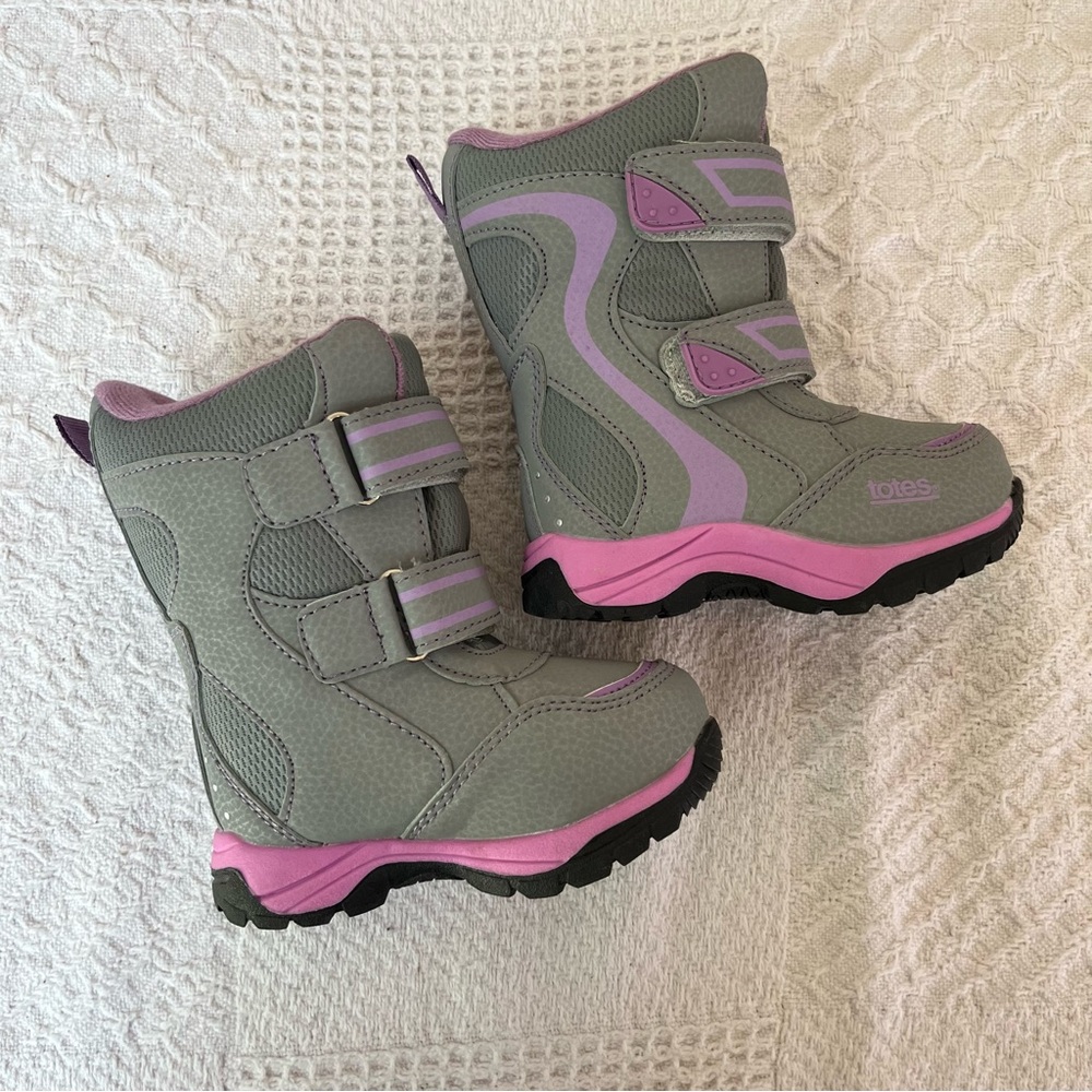 Totes snow boots toddler girls gray pink purple 6 kids children’s Velcro winter